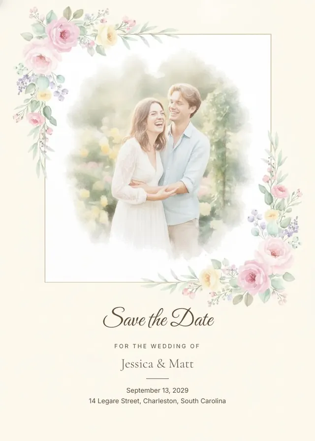 Save the date card with blush peonies over a couple photo