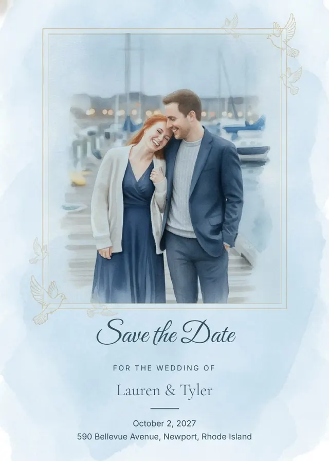 Dusty blue save the date card with a harbor photo