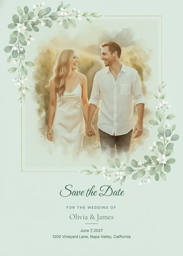 A couple as a watercolor portrait on their save the date card